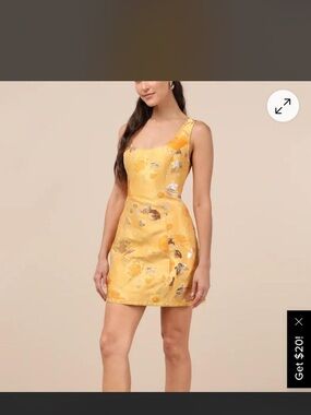 Lulu's Yellow Floral Jacquard Square-Neck Mini Dress